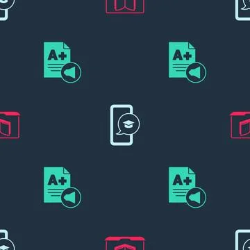 Set Online class, Graduation cap on mobile and Exam sheet with A plus grade.. Stock Illustration