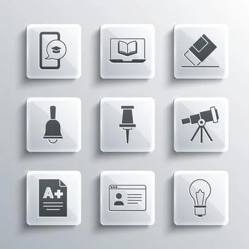 Set Online class, Light bulb with idea, Telescope, Push pin, Exam sheet A p.. Stock Illustration