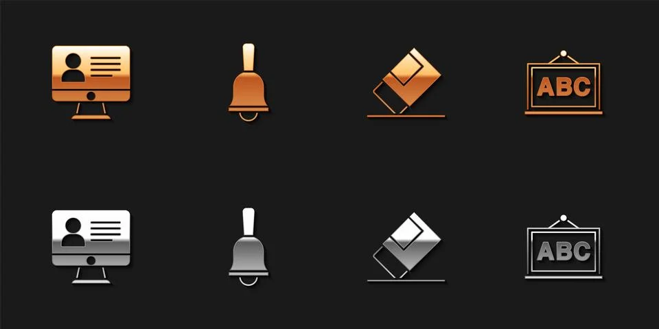 Set Online class, Ringing bell, Eraser or rubber and Chalkboard icon. Vector Stock Illustration