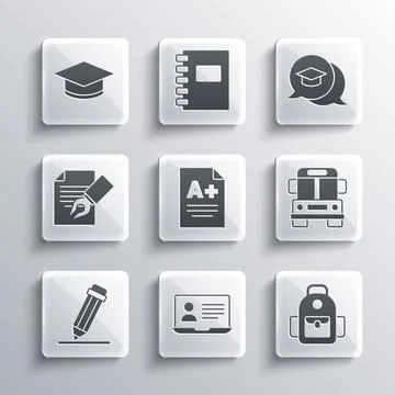 Set Online class, School backpack, Bus, Exam sheet with A plus grade, Pencil Stock Illustration