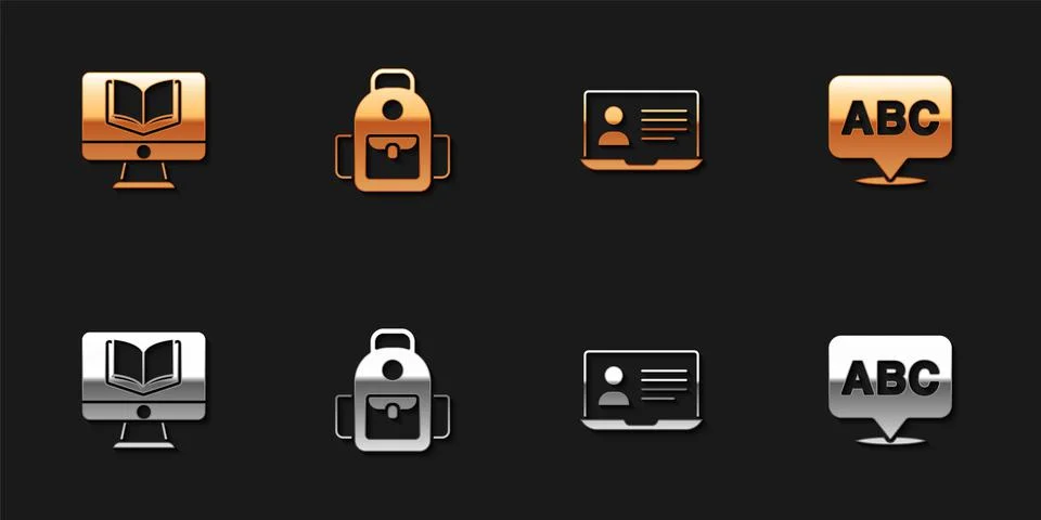 Set Online class, School backpack, and Alphabet icon. Vector Illustrazione stock