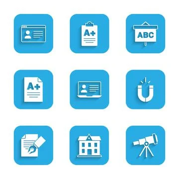 Set Online class, School building, Telescope, Magnet, Exam sheet and pencil Ilustración de archivo