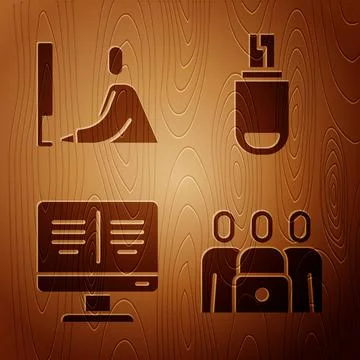 Set Online class, Student working at laptop, Online book on monitor and USB Stock Illustration