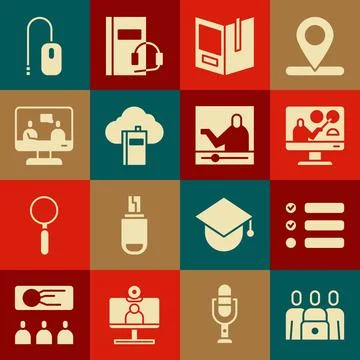 Set Online class, Task list, education, Open book, Cloud or online library Stock Illustration