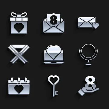 Set Online dating app and chat, Key heart shape, 8 March on hand, Round mak.. Stock Illustration