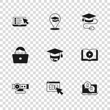 Set Online education, Audio book, Question and Answer, Graduation cap globe.. Stockillustratie