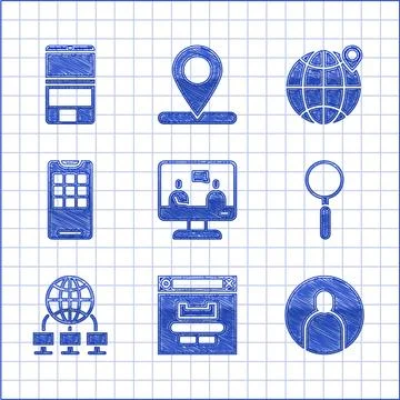 Set Online education, Browser window, Create account screen, Magnifying glass Stock Illustration