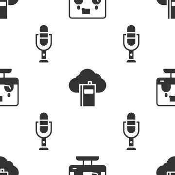 Set Online education, Cloud or online library and Microphone on seamless pattern Illustrazione stock