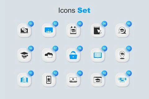 Set Online education, Cloud or online library, class, quiz, test, survey, W.. Illustrazione stock