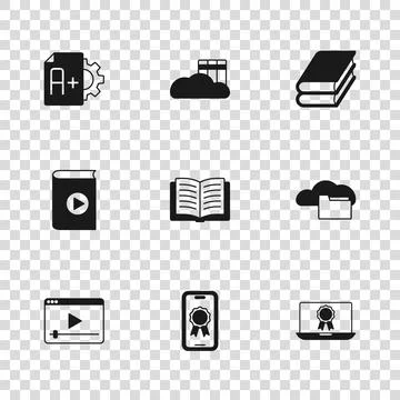 Set Online education with diploma, Cloud or online library, Open book, Book.. イラスト素材