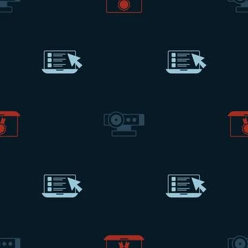 Set Online education with diploma, Web camera and quiz, test, survey on seamless Stock Illustration