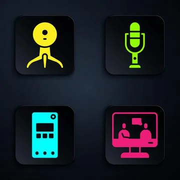 Set Online education, Web camera, Mobile phone and Microphone. Black square 스톡 일러스트