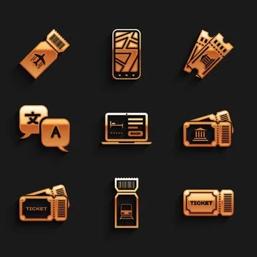 Set Online hotel booking, Train ticket, Ticket, Museum, Translator,  and Ai.. Stock Illustration