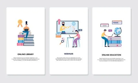 Set of online library, webinar and education concept cards flat vector illust イラスト素材
