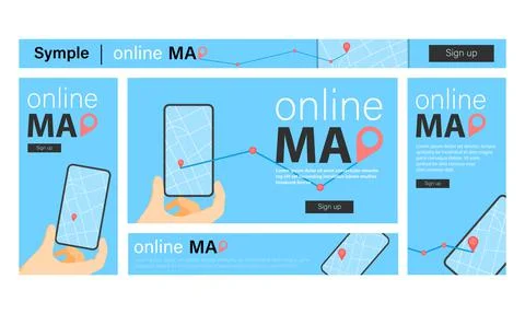 Set of online map banners in blue design Ilustração Stock