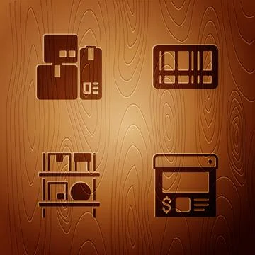 Set Online ordering and delivery, Cash register machine, Warehouse interior with Stock-Illustration