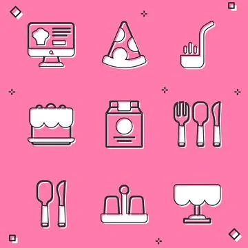 Set Online ordering and delivery, Slice of pizza, Kitchen ladle, Cake, Fork.. Stock Illustration