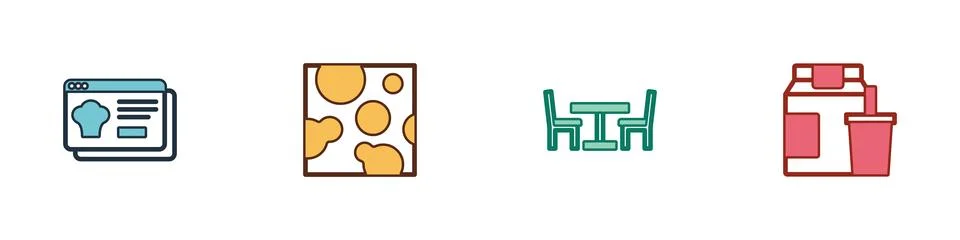 Set Online ordering and delivery, Cheese, Wooden table with chair and  icon.. Stock Illustration