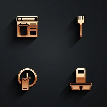 Set Online ordering food, Fork, Round the clock delivery and Coffee cup to go Ilustração Stock