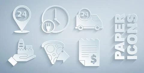Set Online ordering pizza delivery, Fast by car, and, Paper financial check.. Stock Illustration