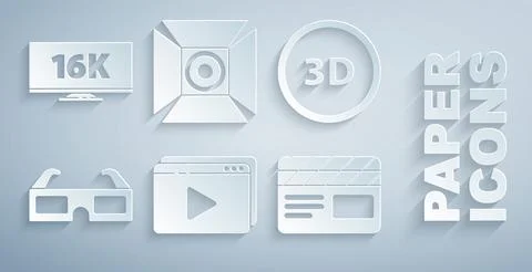 Set Online play video, 3D word, cinema glasses, Movie clapper, spotlight and Stock Illustration