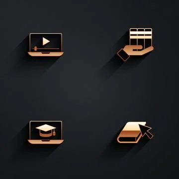 Set Online play video, Book donation, Graduation cap laptop and book icon with Stock Illustration
