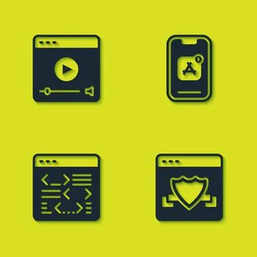 Set Online play video, Browser with shield, Software and Mobile Apps icon Illustrazione stock