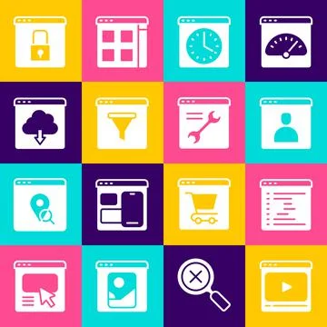 Set Online play video, Browser window, Create account screen, Cloud download Illustrazione stock