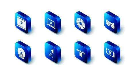 Set Online play video, Camera shutter, Comedy and tragedy masks, Limousine ca Stock Illustration