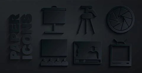 Set Online play video, Camera shutter, Cinema auditorium with screen, Retro.. Stock Illustration