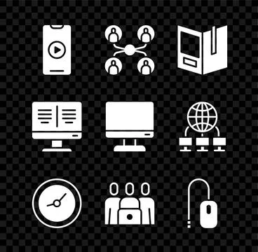 Set Online play video, class, Open book, Clock, Computer mouse, on monitor .. Stock Illustration