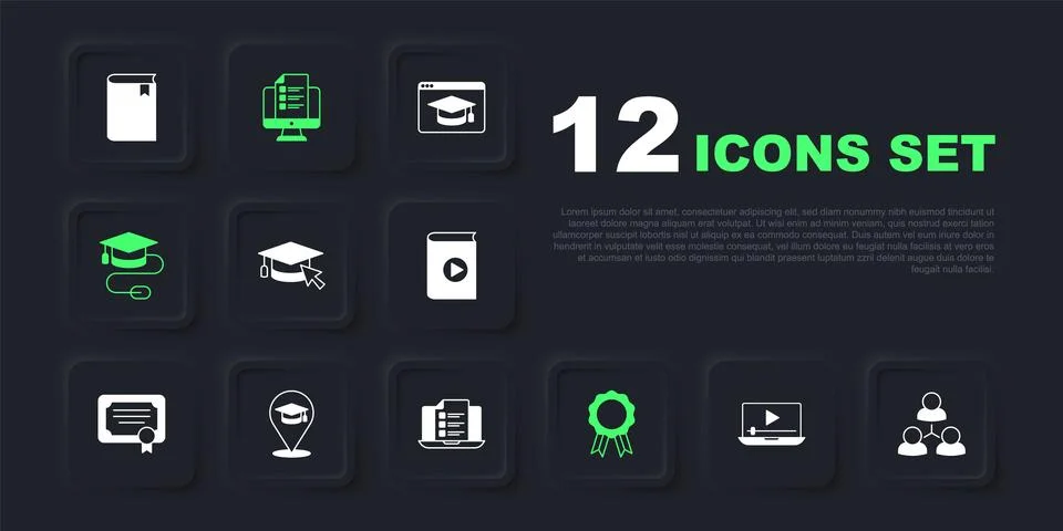 Set Online play video, class, Graduation cap with cursor, education diploma.. Stock Illustration