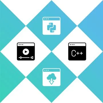 Set Online play video, Cloud technology data transfer, Python programming Stock Illustration