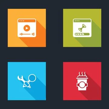 Set Online play video, Loading data window, Debugging and Coffee cup to go icon Illustrazione stock