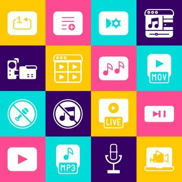 Set Online play video, Pause button, MOV file, Music or settings, playlist Illustrazione stock