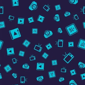 Set Online play video, Plus 16 movie, Cinema ticket and Retro tv on seamles.. Stock Illustration