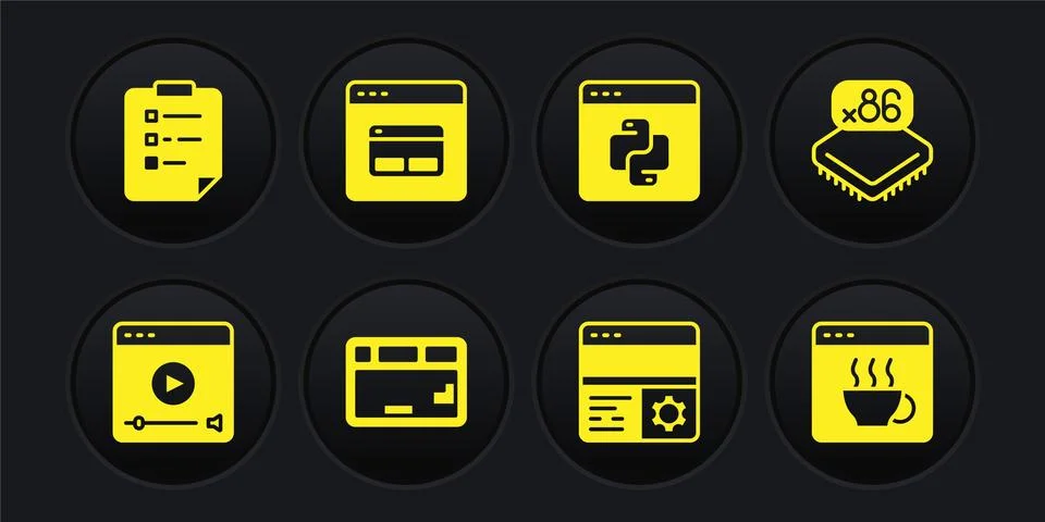 Set Online play video, Processor with microcircuits CPU, Keyboard, Debugging Stock Illustration