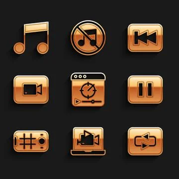Set Online play video, Repeat button, Pause, Selfie mobile, Play, Rewind and Stock Illustration
