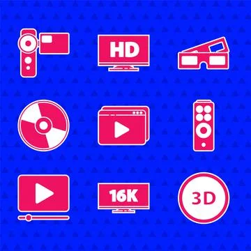 Set Online play video, Screen tv with 16k, 3D word, Remote control, CD DVD disk Stock Illustration