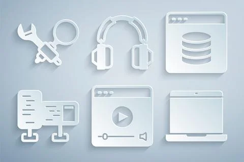 Set Online play video, Server, Data, Web Hosting, Computer monitor screen 스톡 일러스트