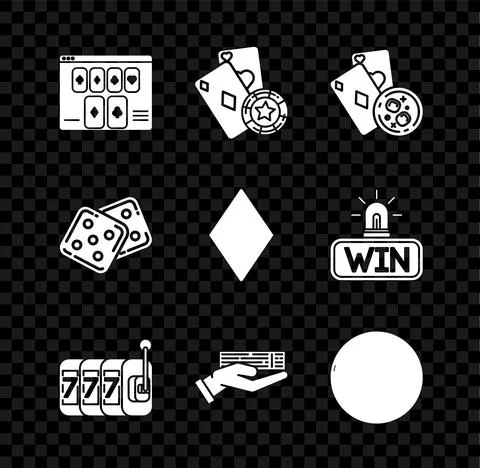 Set Online poker table game, Playing glass of whiskey with ice cubes, Slot Illustrazione stock