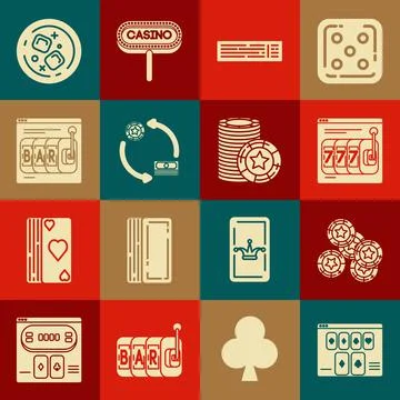 Set Online poker table game, Casino chips, slot machine with lucky sevens Stock Illustration