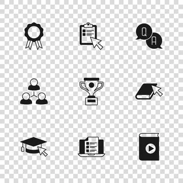 Set Online quiz, test, survey, book, Audio, Award cup, Question and Answer,.. Stock Illustration
