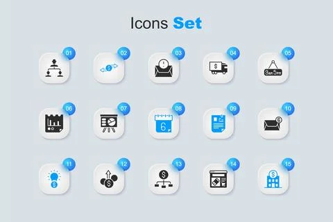 Set Online shopping on screen, Board with graph, Money exchange, Light bulb.. Stock Illustration