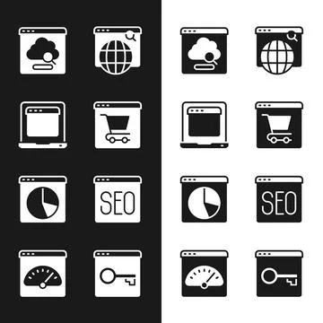 Set Online shopping on screen, Cloud technology data transfer, Search engine Stock Illustration