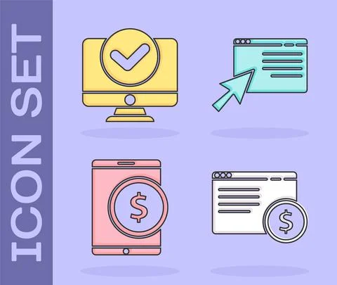 Set Online shopping on screen, Computer monitor, Tablet with dollar and Online Stock Illustration