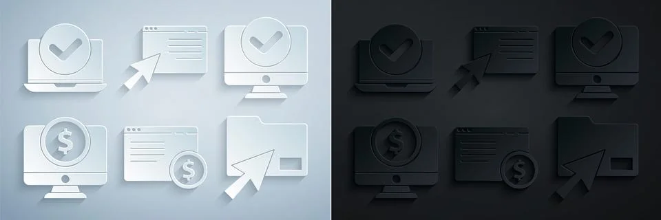 Set Online shopping on screen, Computer monitor, with dollar, Cursor click .. Illustrazione stock