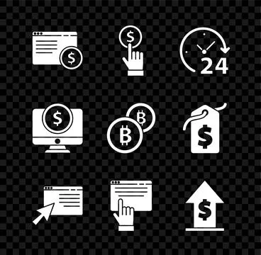 Set Online shopping on screen, Hand holding coin, Clock 24 hours, Financial.. Stock Illustration