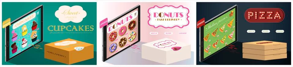 A set of online stores with delivery. Vector tablet screen with the app. Order Stock Illustration