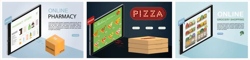 A set of online stores with delivery. Vector tablet screen with the app. Order Stock Illustration